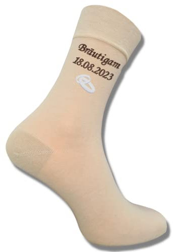 Bentini Hochzeitsocken | Gr. 39-54 | Personalisiert bestickt mit Namen, Datum & Trauringen | Bräutigam | Trauzeuge (39-42, natur)