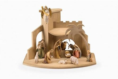 OVUNQUE PROTEGGIMI Weihnachtskrippen-Set aus Holz, 12-teilig, moderne Krippe, komplett mit Hütte handgefertigt in Gröden