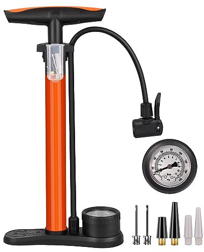 Esyhomi Bicycle Pump, High Pressure 160 PSI/11 bar, Manual Floor Pump with Pressure Gauge, Dual Valve for Schrader and Presta, Includes Air Needles, Orange