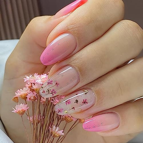 24 Short Oval False Nails - Press On Pink Flower Nails, Full Cover, Full Cover Nails, Removable Glue-on Soft Holographic Long Glossy Stainless Steel Fake Women Girls Nail Art Accessories