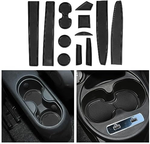 CDEFG Rubber Mats Car Centre Console Door Slot Non-Slip Compatible with Fiat 500 / Abarth 595 Non-Slip Mats Anti-Dust Cup Holder Rubber Mat Armrest Storage Interior Accessories (Black)