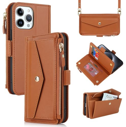 Zouzt for iPhone 15 Pro Wallet Case for Women, Purse with Credit Card Holder Slots Crossbody Lanyard Strap Zipper Flip Book Shockproof Protective Phone Cover for Apple 15 Pro 6.1 Inch (Brown)