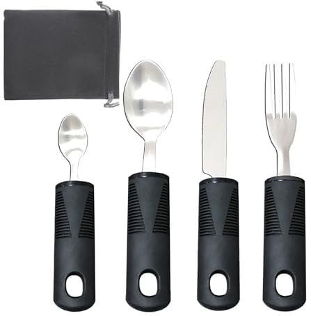 LMSHOWOWO Extra Wide Handles Easy Grip Cutlery Set, Black Comfort Grips Adaptive Eating Drinking Utensils, Disability Aids Ideal Dining Aid, for Adults Elderly Arthritis Parkinson Tremors Sufferers