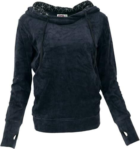GURU SHOP Nicki-Kapuzenpullover, weicher Hoodie, Boho Samt Sweatshirt | Weicher Samtpulli, locker fallend, breiter Saum, Daumenlöcher, Kapuze mit Baumwollfutter, seitliche Taschen