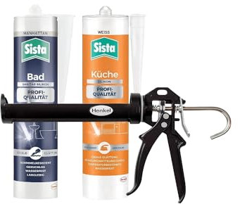 Sista Bad Profi-Qualität Sanitär Silikon, wasserfest, Manhattan (1x280ml) & Sista Küche Profi-Qualität Silikon, Weiß (1x280ml) & Pattex Profi Metall Kartuschenpistole