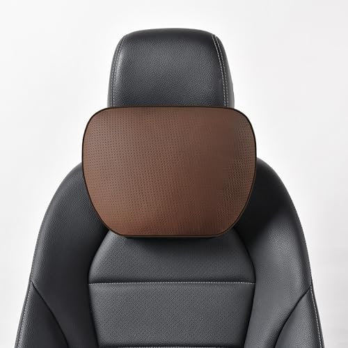 POKSRI Echtes Rindsleder nackenkissen Auto,kopfstütze Auto nackenstütze,Echtes Leder Unterstützung Kissen,Pflanzenbasiertes Polyester,30x19cm Nachfüllbar&Verstellbar Fahrzeug (Kaffee,1p)