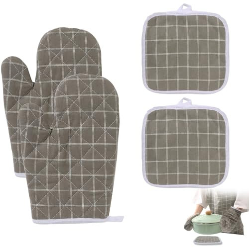 Guittly Ofenhandschuhe Topflappen 4er Set Hitzebeständig Rutschfest, Topfhandschuh Set Vintage, Verdickte Topfhandschuhe Baumwolle Braun für Küche Kochen Backen