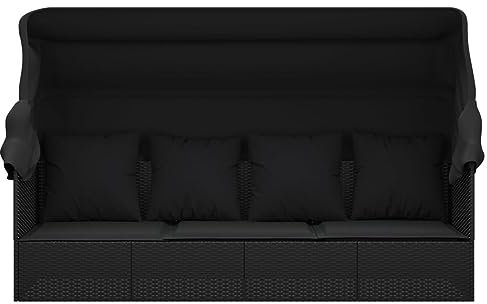 Gecheer Sonnenliege mit Dach, Gartenbett, Gartensofa 3 Sitzer und Kissen Gartenmöbel Poly Rattan Grau