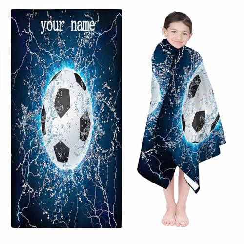 Qiqumax Personalisiert Fußball Strandtuch Mit Namen, Personalisierte Fußball Handtuch Badetuch Mit Namen Mikrofaser Strandtuch Groß 90x180cm Badetuch Fußball Für Kinder (60 x 120 cm,A)