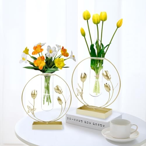 CXRYLZ 2pcs Flower Vase, Gold Metal Vase with Glass Test Tube for Flower Pampas Grass Plant, Small Bud Ornaments for Home Living Room Decor Wedding Dining Table Centerpieces Decoration