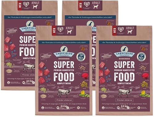 Lakefields SUPERFOOD | Premium Hundefutter trocken | 61% Rind | 4 x 2,5kg | Getreidefreies Trockenfutter für ausgewachsene Hunde | Mit Heidelbeeren, Seealge & Roter Beete | Von Tierärzten entwickelt