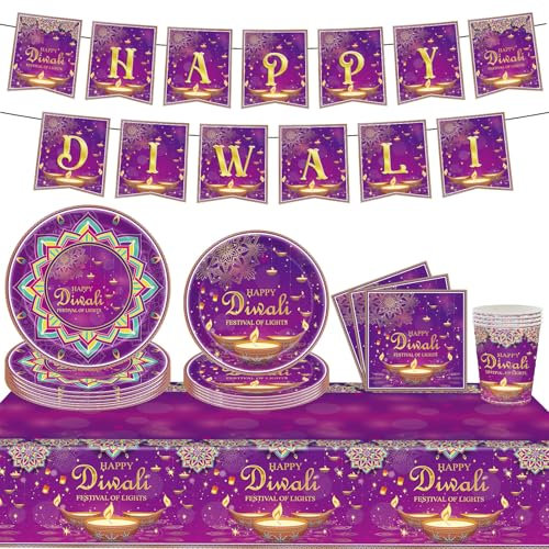 Diwali Decorations Happy Diwali Banner Happy Diwali Paper Party Plates, Cups, Napkins, Tablecloth for Indian Deepavali Diyas Supplies, Festival of Lights Party Decor, Serves 20