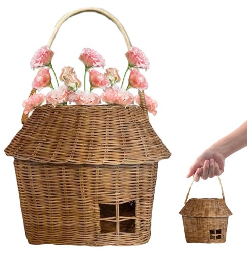 Rattan-Korb hausförmig 7,5 x 6,3 x 10,6 Zoll Rattan-Aufbewahrungskorb mit Griff DIY Decorative Webendorb für Handwerk, Fotografie und mehr, gewebter Korb