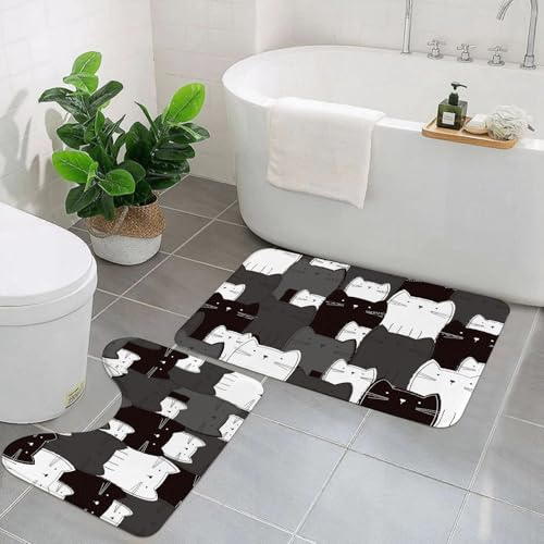 EYLOZS Badezimmerteppich Set 2 Teilig Waschbar rutschfeste Badematte Toilettenmatte Weich Saugfähige Badteppiche,süßes schwarz-weißes Katzenmuster