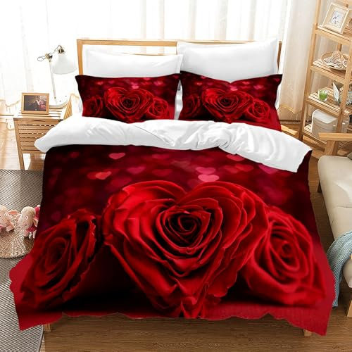 Hoimlm Red Rose Duvet Cover Bedding Set,3D Design Floral Printed Duvet Cover with 2 Pillowcases,Soft Microfiber Quilt Cover with Zipper Closure for Girls/woman (Bright red rose, Single)