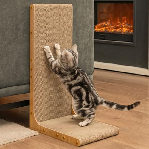 Conlun Kratzbrett für Katzen,66 cm L-förmige Wandmontage, vertikale Kratzfläche, strapazierfähige Pappe zum Möbelschutz für Wohnungskatzen, Jumbo,Hellholz