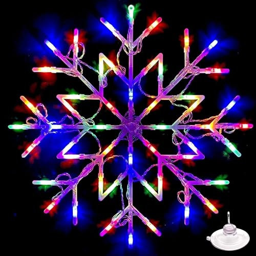 ADEPTNA Beautiful Super Bright Hanging 48 LED Snowflake Christmas Light with One Strong Suction Cup - Timer Function & Battery Operated - Indoor Silhouette Window Light Decoration (Multi Coloured)