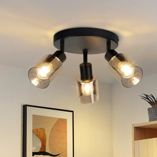 Kowanie Deckenstrahler 3 flammig Schwarz: Vintage Deckenleuchte retro Deckenlampe E14 Industrial Deckenspots Flur aus Glas und Metall Schwenkbar Spotleuchte für Küche Wohnzimmer - Ohne Leuchtmittel