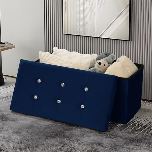 AKH HOUSEWARE 76 x 38cm Ottoman Storage Box with Lid Foot Bedside Stool for Bed Room, Living Room Furniture Velvet Storage Bench Toy Storage Box Ottoman Stool Seat (Navy Blue, 38 x 76 cm)