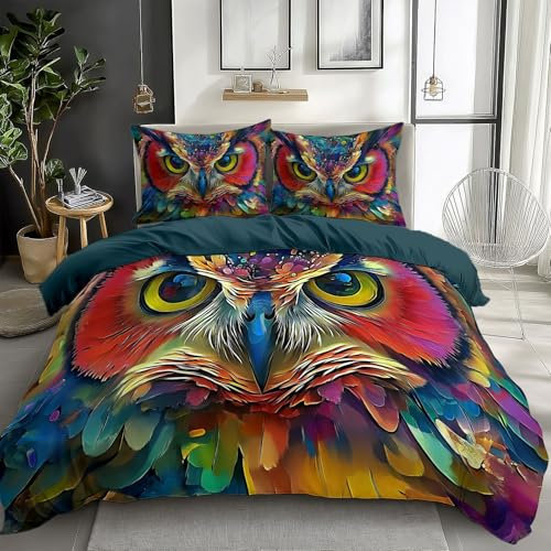 XCQHZYQ Bettbezug Set 155x220 cm Buntes Eulen-Doodle Bettwäsche Set Weiche Atmungsaktive Hypoallergen Bettwäsche für Jugendliche Einzelbett mit Reißverschluss und Kissenbezug
