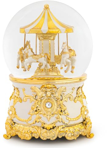 Karussell-Spieluhr, goldfarben und elfenbeinfarben, Weihnachts-Schneekugeln, 18 cm, Glas, drehbar, Karussell, Schneekugel für Kinder und Erwachsene, klassische Schneekugel zum Aufziehen