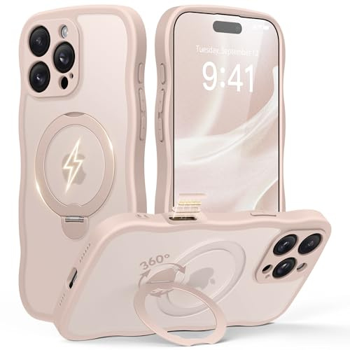 for iPhone 16 Pro Max Case for Women,[Compatible with Magsafe][360° Spin Magnetic Stand][Cute Wave Edge][Military-Grade Protection]Translucent Matte Phone Case for iPhone 16 ProMax, Rose Gold