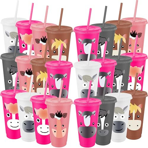 MSYU 24 Pcs Horse Party Favors Horse Cups 710 ml Plastic Drink Cups with Lid Straw Bulk Reusable Tumblers for Animal Theme Party Supplies Birthday Christmas Thanksgiving Gifts