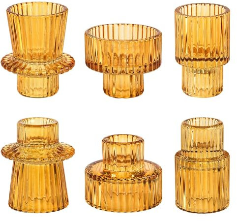 Doolitt Kerzenständer Set,Votiv Glas,Kerzenhalter, Stabkerzenhalter Dekoration,Tafelaufsatz für Tisch,Kristall-Teelichthalter für Zuhause,Abendessen,Hochzeit,Party,Festival (6, Bernstein)