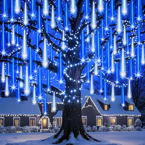 Auniq LED Meteorschauer Regen Lichter Meteor Lichterkette Außen Wasserdichte Schneefall Lichterketten 30cm 10 Tube Schnur 240 LED Fallende Regen Lichterfür Dekoration Garten Hochzeit Weihnachten Party