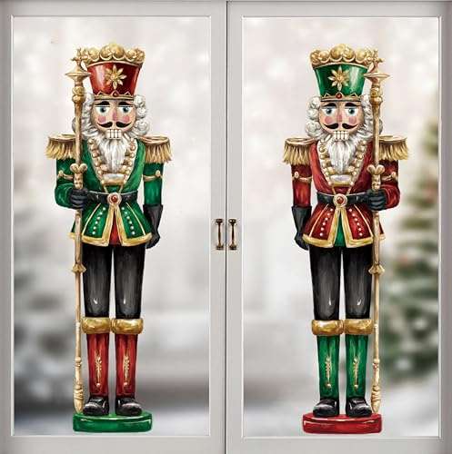 Celltestria 4 Sheets Christmas Nutcracker Window Clings Extra Large Xmas Window Decals Stickers for Holiday Home Office School Party Favor Glass Decoration
