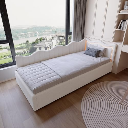 Polsterbett Schlafsofa 90x200 mit LED-Beleuchtung, Tagesbett Jugendbett mit hydraulischem Stauraum, Sofabett Daybett mit wellenförmigem Kopfteil, Teddy-Fleece, ohne Matratze (Weiß-C-90x200cm)