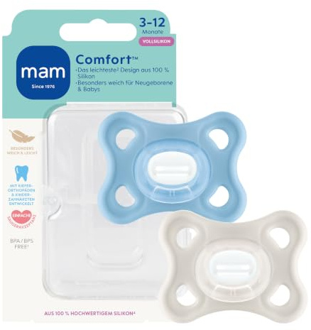 MAM Comfort Schnuller, 3-12 Monate, Blau/Beige, 2 Stück | Extra leicht & klein für Babys, sanft zur sensiblen Haut, 100 % Silikon, zahnfreundlicher Sauger, inkl. Sterilisierbox