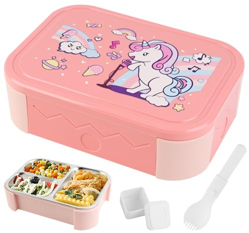 Lvjkes Fiambrera infantil con 3 compartimentos, 304 Fiambrera acero inoxidable infantil, 800 ml, Con cubiertos y recipiente para salsas, Para microondas y lavavajillas, Sin BPA (Unicornio, Rosa)