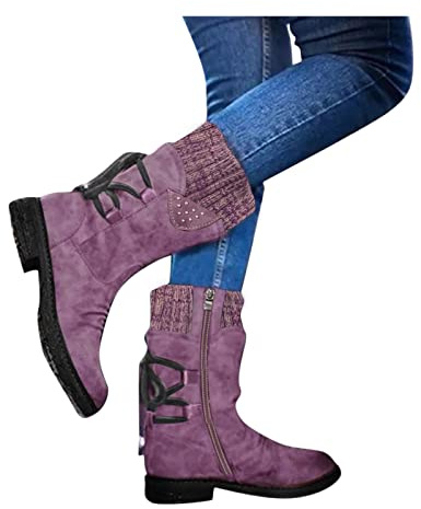 Anfibi Donna - Comodi Antiscivolo Stivali Morbida Stivaletti Donna Chiusura con Cerniera Tacco Spesso Stivale Vintage Autunno E Inverno Pelle Stivaletto,Viola,37