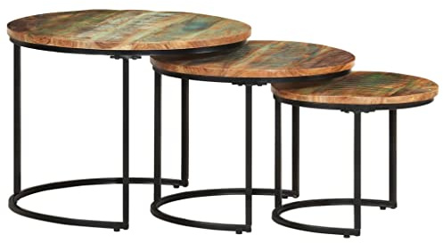 GeenYuu Satztische 3er-Set, Altholz Massiv, Rund, Braun, für Wohnzimmer, Handgefertigt, Recyceltes Holz, Platzsparendes Design
