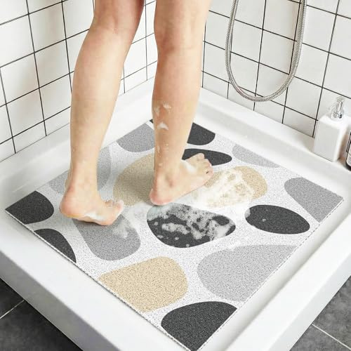 Tappeto Antiscivolo per Doccia Quadrato 60x60 cm in PVC Luffa per Doccia, Tappetino Bagno per Lavandino con Drenaggio, Antiscivolo per Piatti Doccia per Zone Umide, Antimuffa, Pietra grigia