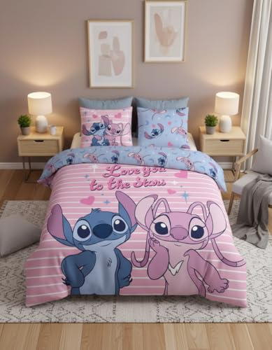 Stitch Angel Love Stars Doppelbettwäsche 240x220 + 2 Kissenbezüge 65x65 | Wendebettwäsche wendbar | Baumwoll-Mischgewebe Oeko-Tex | Sterne Herzen Streifen | Knopfverschluss | Geschenkidee