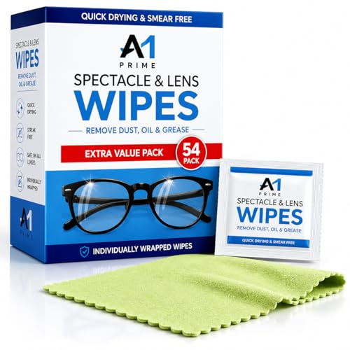 Spectacle & Lens Cleaning Wipes 54 Pack with Microfibre Cloth Individually Wrapped Alcohol-Based Screen & Glass Cleaner Wipes, Anti-Smear Quick Dry Lens Wipes for Glasses