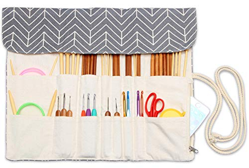 Teamoy Rollentasche für Zubehör von Häkelhaken Set wie stricknade, Bambus Nadel,Häkelnadel und Rundstricknadeln (Passend für 14 Zoll, Grau)