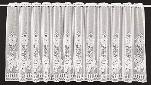 frankgardinen Scheibengardine Vogelhaus und Katze 60 cm hoch weiß - Wunschbreite frei wählbar durch gekaufte Menge in 14 cm Schritten - Meterware