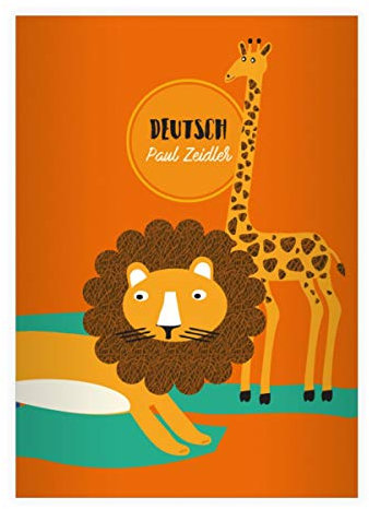 2 personalisierte Retro Afrika Wildtier DIN A4 Schulhefte, Rechenhefte mit Löwe und Giraffe, orange Lineatur 23 (kariertes/rautiertes Heft 16 Blatt/32 S.) Notizheft für Schule, Uni, Büro