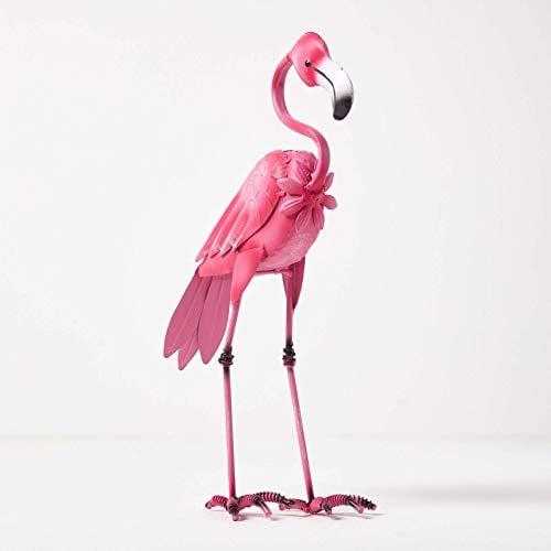 Homescapes Garten Deko Flamingo Metall Figur, handbemalt Metallvögel Dekofigur aus Eisen, Gartenfigur für Garten Teich und Balkon, Teichdeko Tierfigur, rosa ca. 35 cm hoch