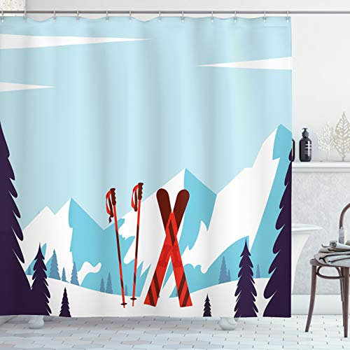 ABAKUHAUS Ski Rideau de Douche, Montagnes enneigées et Bâtons de Ski, Tissu Ensemble de Décor de Salle de Bain avec Crochets, 175 cm x 180 cm, Bleu foncé Violet