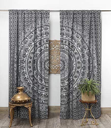 Popular Handicrafts Indischer Hippie, Bohemian, wunderschöner Elefant, Mandala Vorhangpaneele, Schwarz und Silberfarben