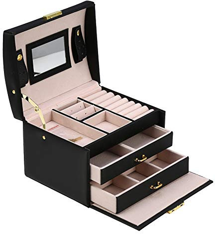 Greensen Schmuckkasten Kosmetikkoffer mit 3 Ebenen Schmuckschatulle PU Leder Schmuckkoffer mit Spiegel Schmuckbox Halskette Vitrinenschrank Schmuck-Organizer Aufbewahrungsbox, Schwarz