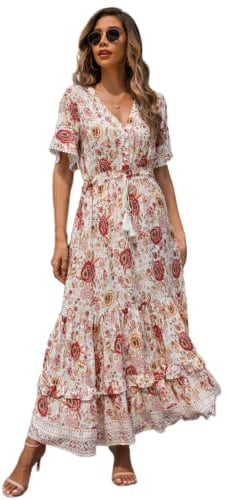 R.Vivimos Femmes D'été Cou en V Bouton à Manches Courtes Robe Bohème Fleur Longue Robe A Ligne Volants Longue Plage Robe