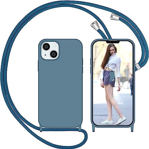 Nupcknn Coque avec Cordon pour iPhone 13, Liquide Silicone Coque Collier Réglable Téléphone Étui Portable Lanyard Case Protection Complète Cover de iPhone 13(Bleu Brique)