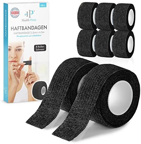 Fingerpflaster Selbsthaftend - 8x Pflaster Rolle (2,5cm x 4,5m) - Verband Selbstklebend - Elastisches Tape wasserfest - Staub-, Fett- und Schmutzabweisendes Pflasterband (Schwarz, 8 Rollen)