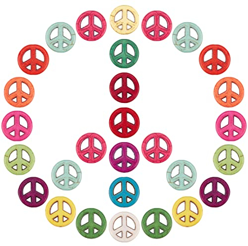 SUNNYCLUE 1 Box 100 Stück Friedenszeichen-Perlen Bunt Synthetische Türkis-Perlen-Charms Flach Rund Geschnitzt Hohl Elastischer Faden Für DIY-Armbänder Basteln Schmuckherstellung Mischfarben
