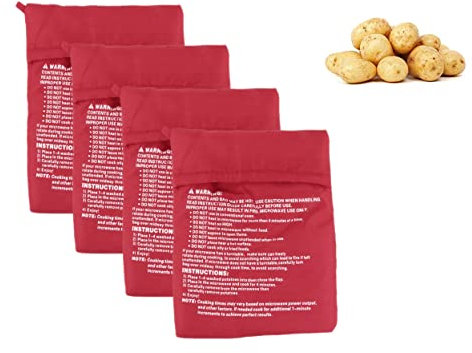 4PCS Red Microwave Potato Bag Reusable Potato Microwave Pouch Washable Fabric Potato Cooker Pouch Bake Potatoes Just in 4 Minutes